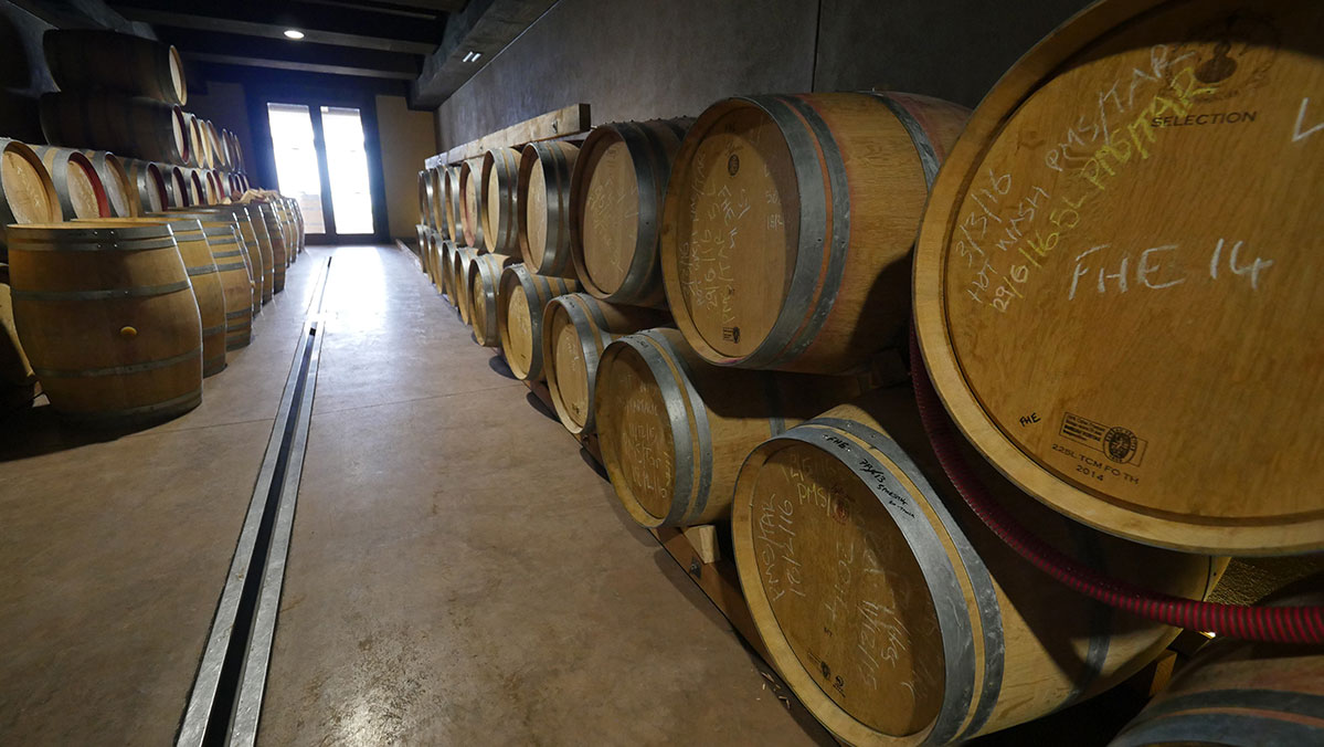 Waiheke Wine Barrels stacked in two rows